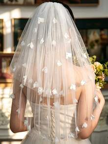 1 buc. voal de mireasă romantic cu flori 3D și mărgele din perle, scurt, din tălăru moale, cu două straturi, accesoriu de păr pentru logodnă, cerere în căsătorie, nuntă și petrecere de single - Multicolor - Vizualizare 4