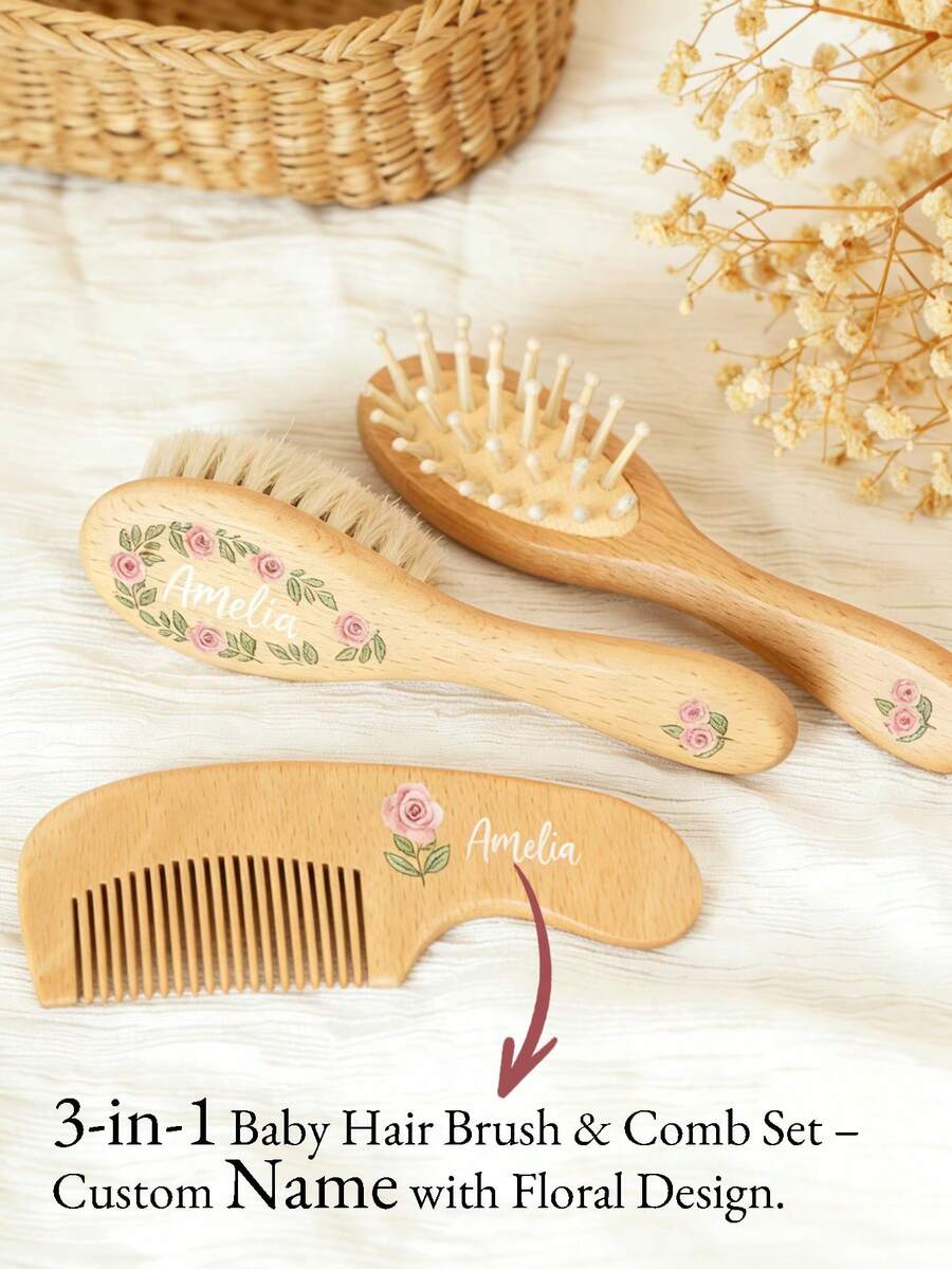 Personalized Name 3-In-1 Hair Brush & Comb Set With Floral Patterns. Natural Beech Wood Grooming Kit, 1/3pcs Brush&Comb, Baby Shower Gift For Newborns. - Multicolor - View 1