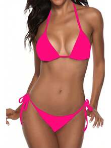 Women Two Piece Swimsuit Sexy Swimwear Halter String Triangle Bikini Sets - 霓虹粉 - 查看 1