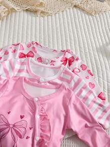 Baby Girl Bowknot Footed Jumpsuit Long Sleeve Ruffle Button Design Jumpsuit Cute Bowknot Random Print Striped 3-Piece Set All Season Wear - Pink - View 6