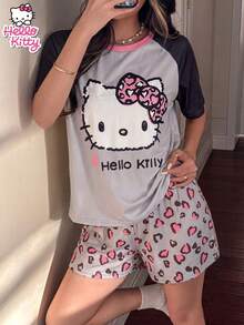 SANRIO KT Cat 两件套睡衣套装 - 插肩袖豹纹蝴蝶结T恤 + 配套短裤，宽松版型，弹力亲肤，甜美休闲风，适合室内外穿着 - 灰色 - 查看 2
