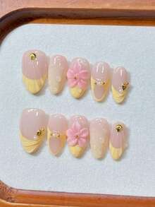 10PCS Handmade Press On Nails, Medium Almond Fake Nails, Nude & Cream Yellow French, 3D Pink Flower With Gold Shell Pearl Decor, Elegant Reusable Nail Stickers, Salon Quality, Beginner Friendly For Daily Dating & Wedding Occasions - Multicolor - View 3
