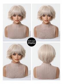 12 Inch Feathered Layered Bob Full Wig With Bangs, Heat Resistant Synthetic Fiber, Pale Platinum Blonde, Soft Slight Wave Texture, Fashion Full Cap For Daily & Street Look, Halloween - Multicolor - View 4