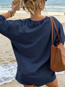 Fashion Women's Round Neck Short Sleeve T-Shirt, Embroidered "Holiday Surfboard" Lettering, Suitable For Autumn Daily Wear And Vacation Outfits - Dusty Blue - View 3