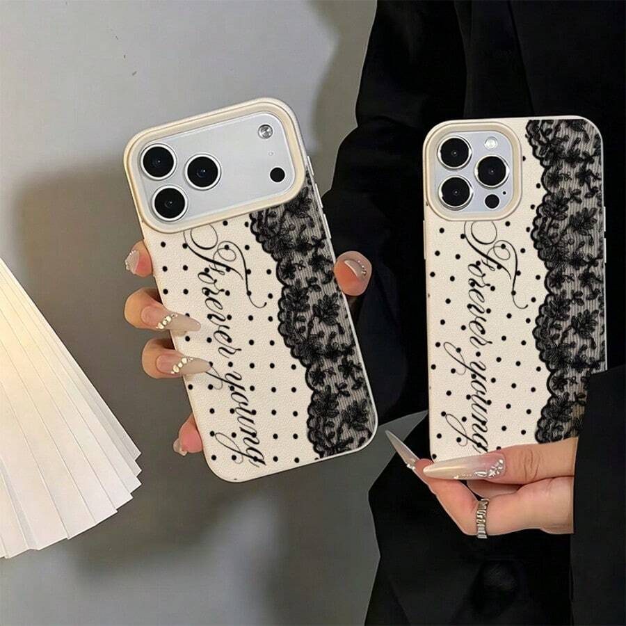 1pc TPU Material Retro Polka Dot Lace Cursive English Pattern Phone Case Compatible With IPhone 17 Pro Max/17/16 Pro Max/15/13/12/11/ S20 FE/A15/S24/A55/ Note 11/Note 12/Note 32E 13 Pro Full Coverage Shockproof Soft Shell Protective Cover - White - View 1