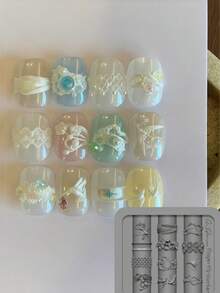 新款 3D 夢幻蝴蝶花環復古圖案花卉婚禮美甲模具 - 無色 - 查看 3