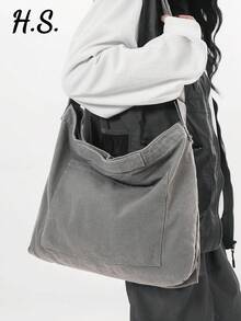 1pc Oversized Vintage Washed Canvas Tote Bag, Casual Simplistic Style, Zipper Closure, Suitable For Daily Use, Shoulder Bag For College Students, Short Trip, Grey - Grey - View 1
