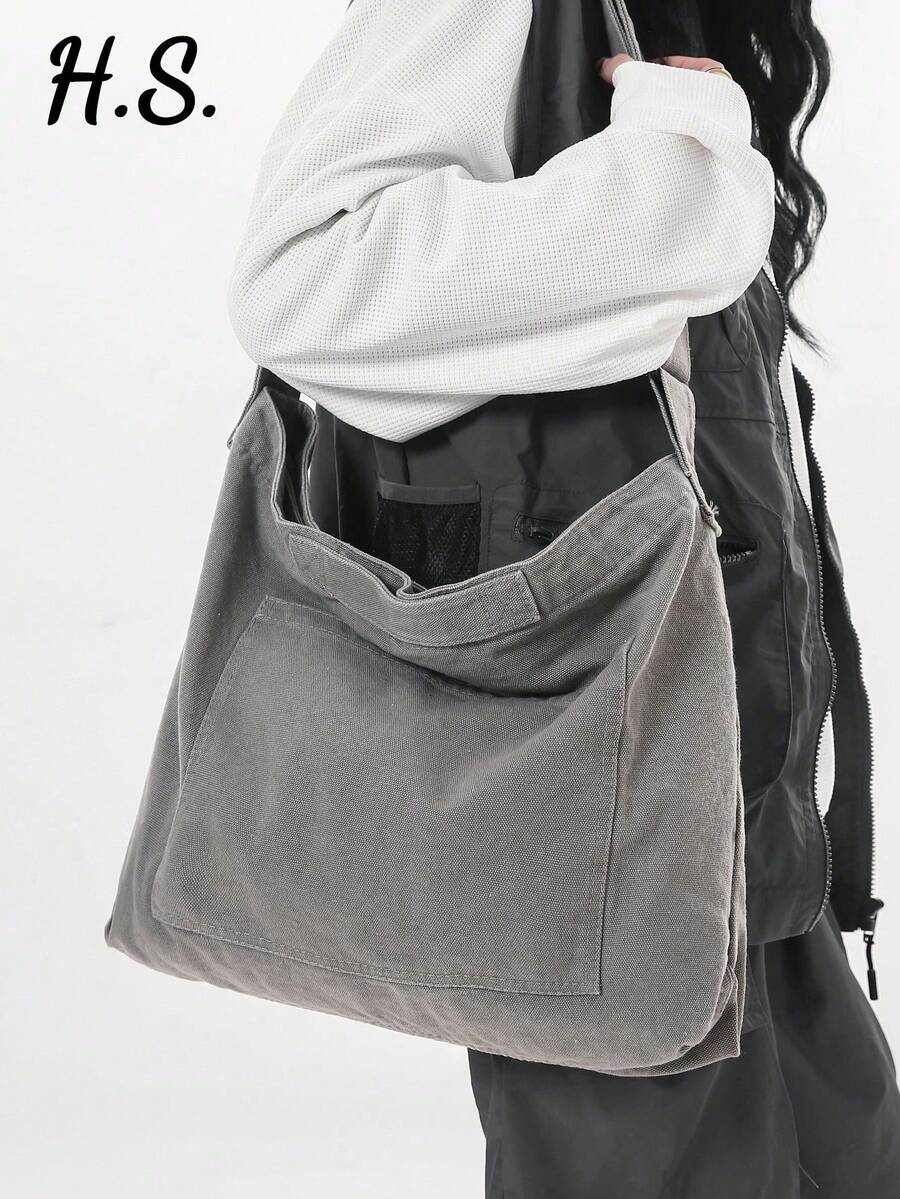 1pc Oversized Vintage Washed Canvas Tote Bag, Casual Simplistic Style, Zipper Closure, Suitable For Daily Use, Shoulder Bag For College Students, Short Trip, Grey - Grey - View 1