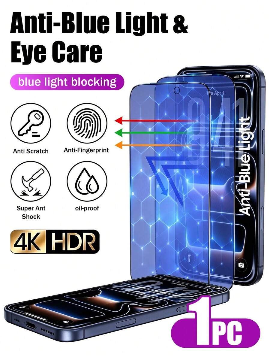XINHONGYU 1pc Tempered Glass Screen Protector For IPhone 17 Pro Max, Anti-Blue Light, Compatible With IPhone 17 Pro/16/16 Plus/15 Pro/15/14/13/12/11/XR/XS, Full Coverage | Eye Protection | Anti-Fingerprint | Compatible With Phone Case - Clear - View 1