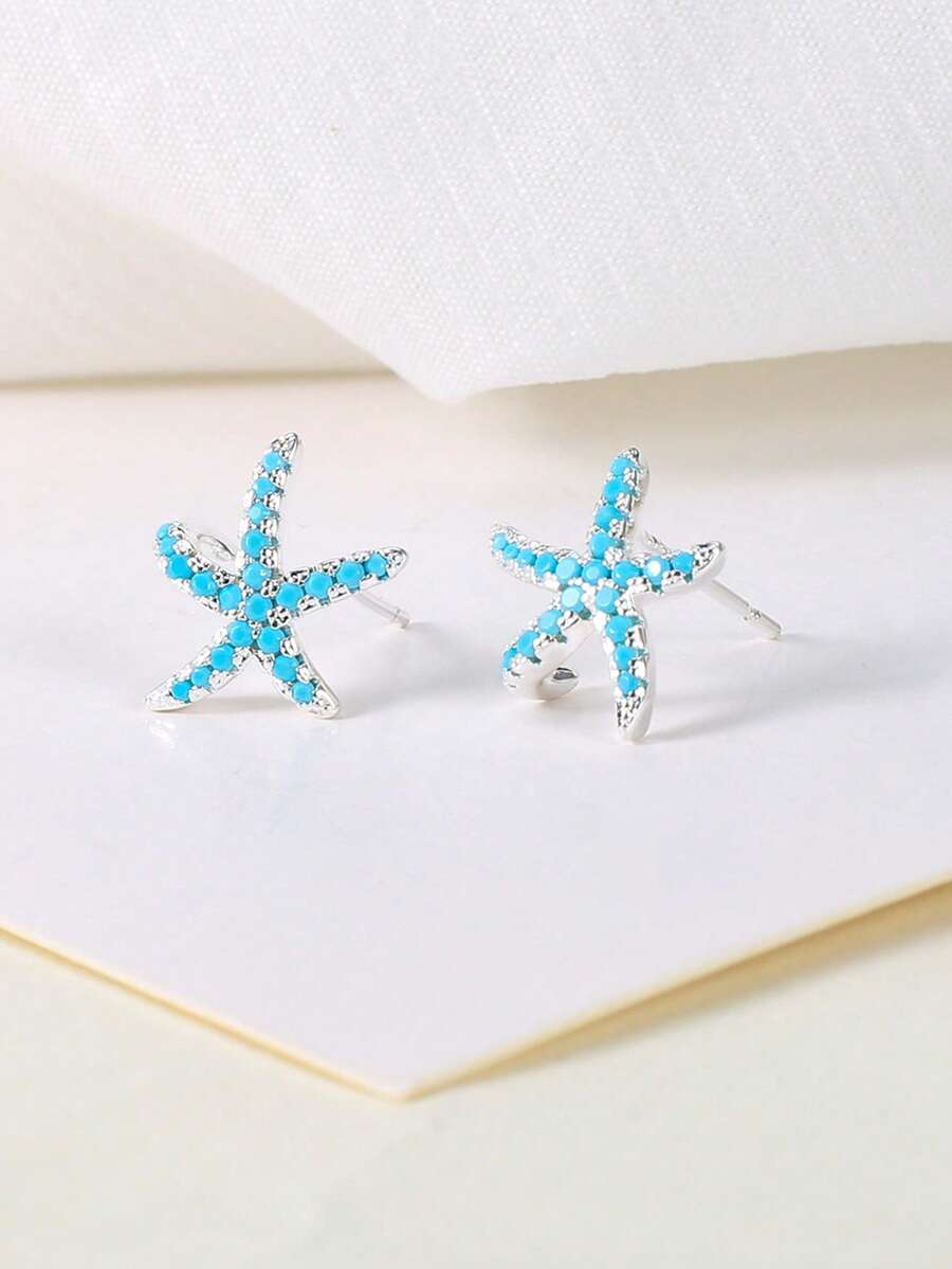 1 par de pendientes de botón de estrella de mar azul nuevos para verano para mujer, joyería linda de la serie Océano Fresco, pendientes estilo vacaciones en la playa - Multicolor - Ver 1