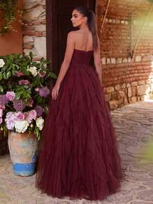 Faeriesty Romantic Strapless Bridal Dress, Layered Ruffle Tulle Skirt, A-Line Silhouette, Suitable For Classic Weddings, Graduations, Galas Elegant - Burgundy - View 3