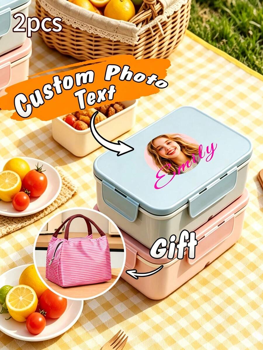 Customizable Photo & Text Flip-Top Bento Box, Supports Artistic Text Customization, Large Area Customization, Portable, Waterproof, Leak-Proof, Suitable For Outdoor, Travel, School, Office Use, Includes Sauce Box And Utensils, Four-Sided Locking Design, Multiple Colors Available, Create Your Own Personalized Lunch Box, Kitchen Essential, Industrial Style, Travel Essential, Suitable For Gifts To Family, Friends, Boyfriend, Girlfriend, Applicable For Back To School Season, Outings, Picnics. - Multicolor - View 1