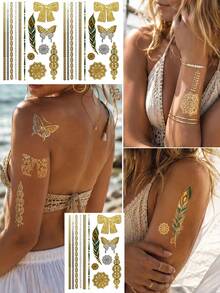 Waterproof Metallic Gold Foil Temporary Tattoo Sticker Set, Butterfly, Feather, Chain & Vintage Henna Floral Designs, Waterproof Body Art Tattoos For Arms, Back, Festival, Party & Vacation - Gold - View 2