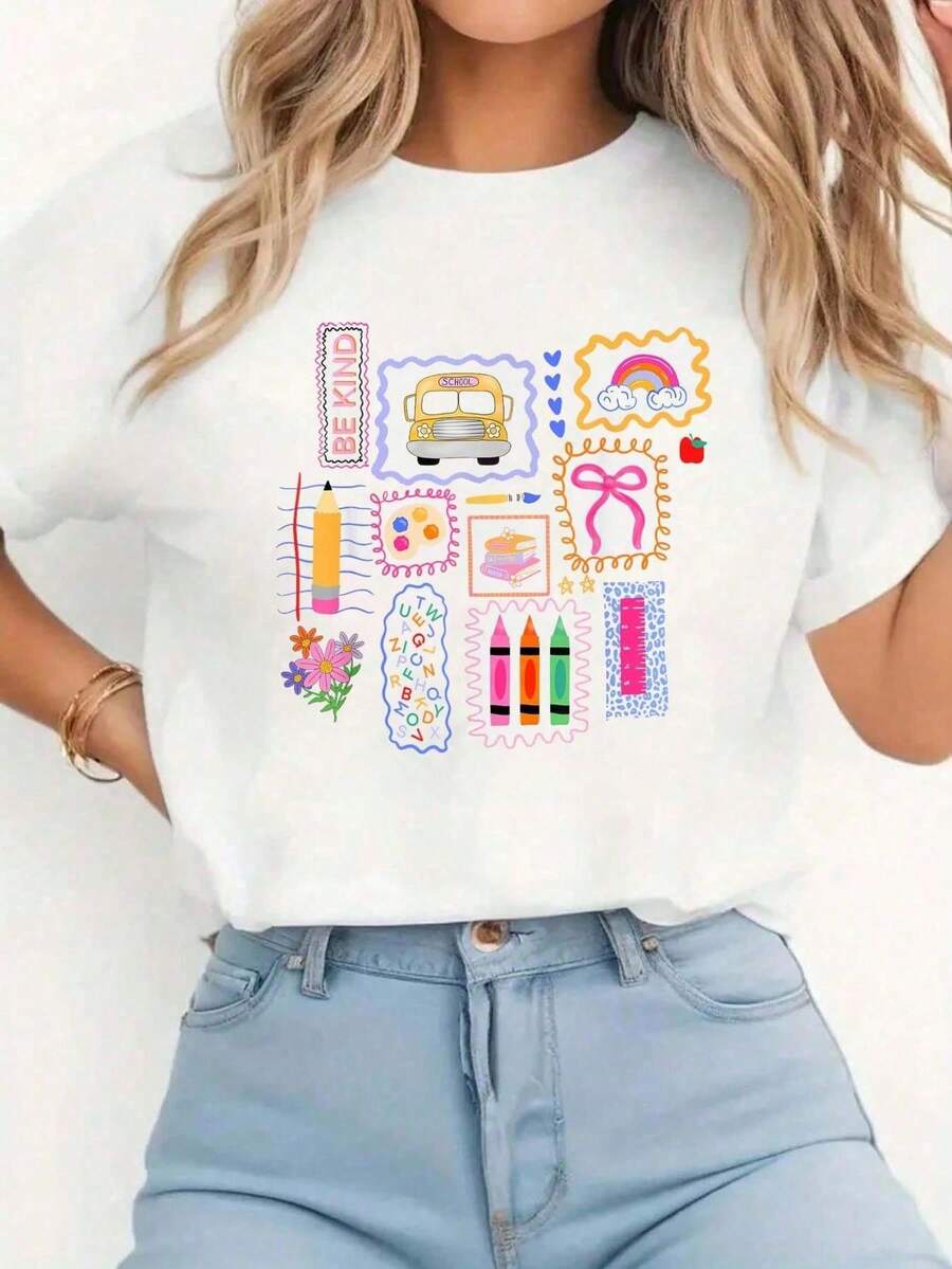 Camiseta gráfica de manga corta con lazo coqueto para maestros, regreso a la escuela, vida de maestro, estudiante, festivales, camisetas para mujeres, tops de aodón para mujeres