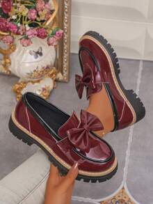 Mocasines de cuña con suela gruesa para mujer, zapatos tipo slip-on con lazo estilo preppy - Burdeos - Ver 6