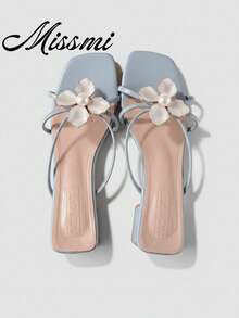 2025 Summer New French Thick Heel Faux Pearl Flower Strap Sandals, Open Toe Versatile Mid-Heel Slides For Women,Chunky Heels - Blue - View 1