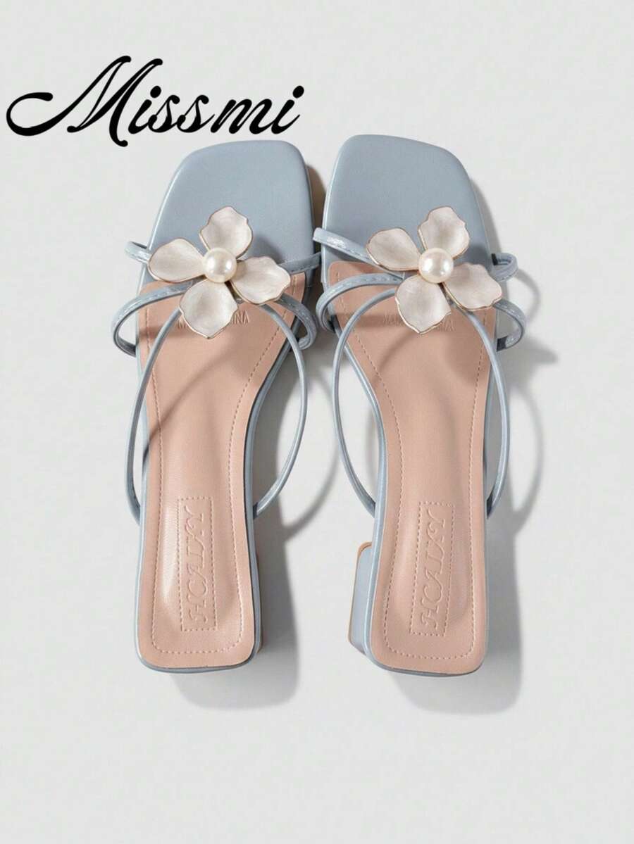 2025 Summer New French Thick Heel Faux Pearl Flower Strap Sandals, Open Toe Versatile Mid-Heel Slides For Women,Chunky Heels - Blue - View 1