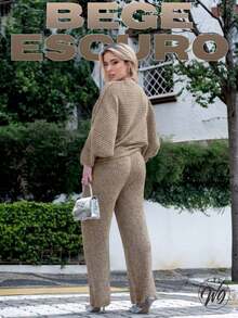 Women's Cold Weather Set In Ribbed Mousse Knit - Oversized Blouse And Pants - Fits Sizes 36 To 44 - Textured Pattern - Wool-Like Fabric - Pocket - Drawstring - Women's Clothing - Daily Wear - Autumn/Winter - Dark Beige - View 3