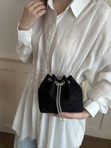 Bolso de cubo cruzado de unicolor con cordón y tejido calado, bolso pequeño, bolso de playa - Negro 5 - Ver 5