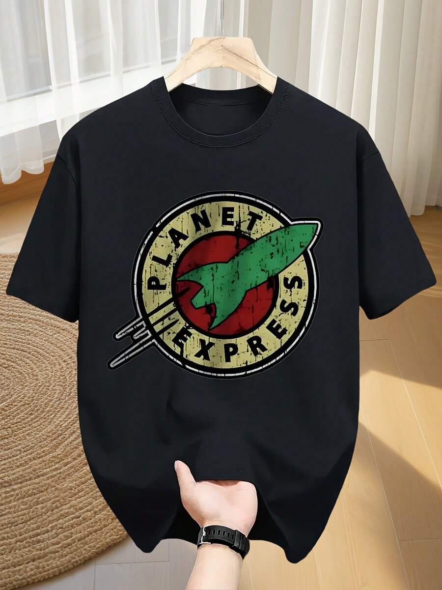 ombre Planet Express - Patrón Vintage Desgastado, Cuello Redondo, Manga Corta, Esencial para Fitness Cómodo, Senderismo y Actividades al Aire Libre en Todas las Estaciones, Lavable a Máquina - Negro - Ver 1