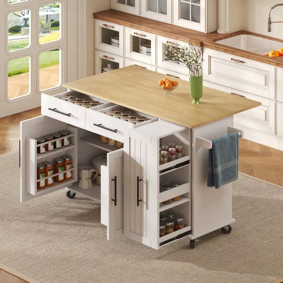 Kitchen Island With Drop Leaf, Storage Trolley With 3-Tier Pull-Out Cabinet Organizer, Internal Storage Rack, Rolling Cart With Towel Holder & 2 Drawers For Dining Room, White - White - View 1