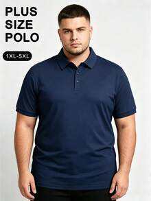 Men's Plus Size Solid Color Short Sleeve Polo Shirt, Half-Placket Collar, Breathable Loose Fit Business Casual Golf T-Shirt, Suitable For Plus Size Tall Men - Navy Blue - View 1