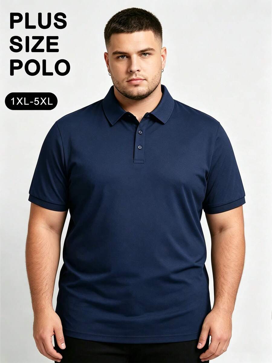 Men's Plus Size Solid Color Short Sleeve Polo Shirt, Half-Placket Collar, Breathable Loose Fit Business Casual Golf T-Shirt, Suitable For Plus Size Tall Men - Navy Blue - View 1