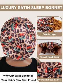 1pc Leopard Print Satin Patchwork Sleeping Cap, Suitable For Curly And Straight Hair Sleep Bonnet - Multicolor - View 11