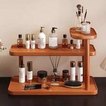 1pc 3-Tier Staggered Cosmetic Storage Rack, High-Low Layered Design, Can Store Perfume, Face Cream, Makeup Brushes, Various Skincare Bottles And Jars. Natural Wood Grain Texture High-End, Suitable For Dressing Table, Bathroom Countertop Placement, Minimalist Ins Style Desktop Decor, Partitioned Storage For Makeup And Skincare, Saves Desktop Space, Practical Home Beauty Organizer Shelf - Brown - View 1
