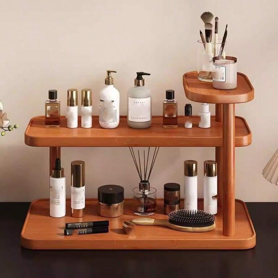 1pc 3-Tier Staggered Cosmetic Storage Rack, High-Low Layered Design, Can Store Perfume, Face Cream, Makeup Brushes, Various Skincare Bottles And Jars. Natural Wood Grain Texture High-End, Suitable For Dressing Table, Bathroom Countertop Placement, Minimalist Ins Style Desktop Decor, Partitioned Storage For Makeup And Skincare, Saves Desktop Space, Practical Home Beauty Organizer Shelf - Brown - View 1