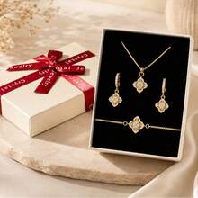 3 قطع مجموعة أقراط وقلادة من الزركونيا بتصميم زهري، مجموعة مجوهرات ذهبية مع صندوق هدايا، أقراط متدلية، مجموعة قلادة مع صندوق هدايا، هدية، هدية للحبيب، هدية للأم، صندوق هدايا - مجموعة مع صندوق - مشاهدة 4