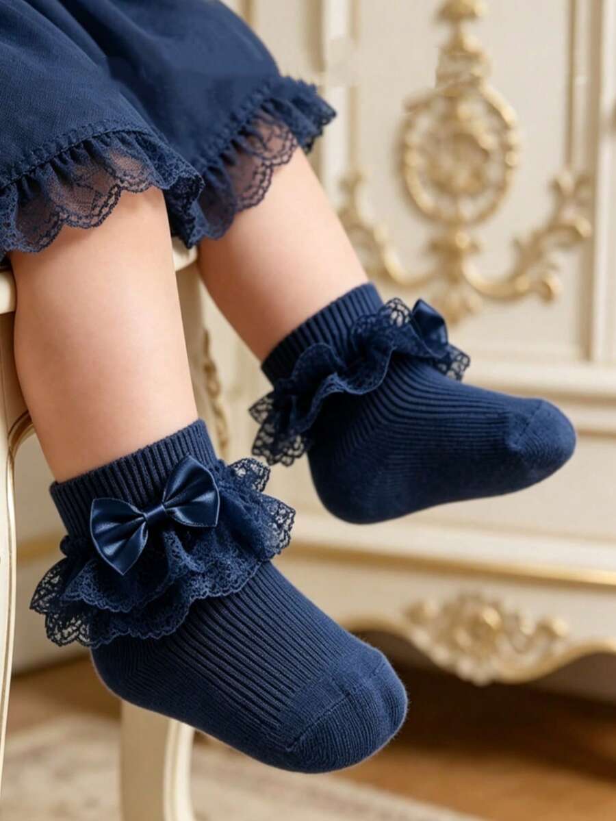 6/1 Pair 0-3 Years Old Baby Girl Short Socks, With Lace Ruffle Trim, Christmas Children Socks, New Year Socks, Comfortable Princess Socks, Suitable For Newborns