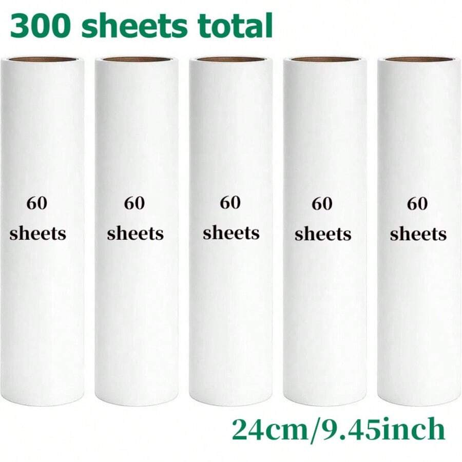 Lint Roller Refill 5 Packs, 9.45 Inch Rolls, 1.5 - Inch Inside Diameter, 300 Sheets, Pet Hair Removal, Lint, Dust, And Debris. - White - View 1