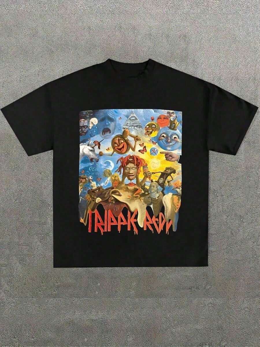 Men's Clothing; Summer T-Shirts; Black Hip Hop Style T-Shirt With Trippie Redd Illustrations; Soft 220g Pure Cotton Casual Print T-Shirt; NKME Summer Sets - 黑色 - 查看 1