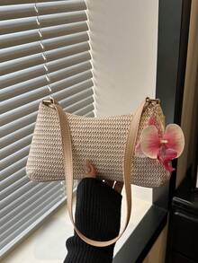 1pc Solid Color Straw Woven Flower Shoulder Underarm Baguette Bag - Khaki - View 8