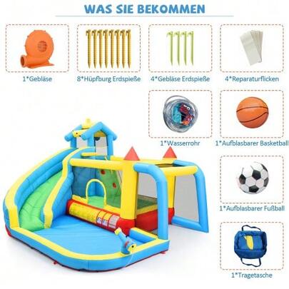 Kids' Bouncy Castle, 5-In-1 Inflatable Bouncy Castle For Children Aged 3-10 Years, Outdoor Castle Bouncer With Slide, Jumping Area, Water Pool, And Football Net, Inflatable Size: 364*315*239cm