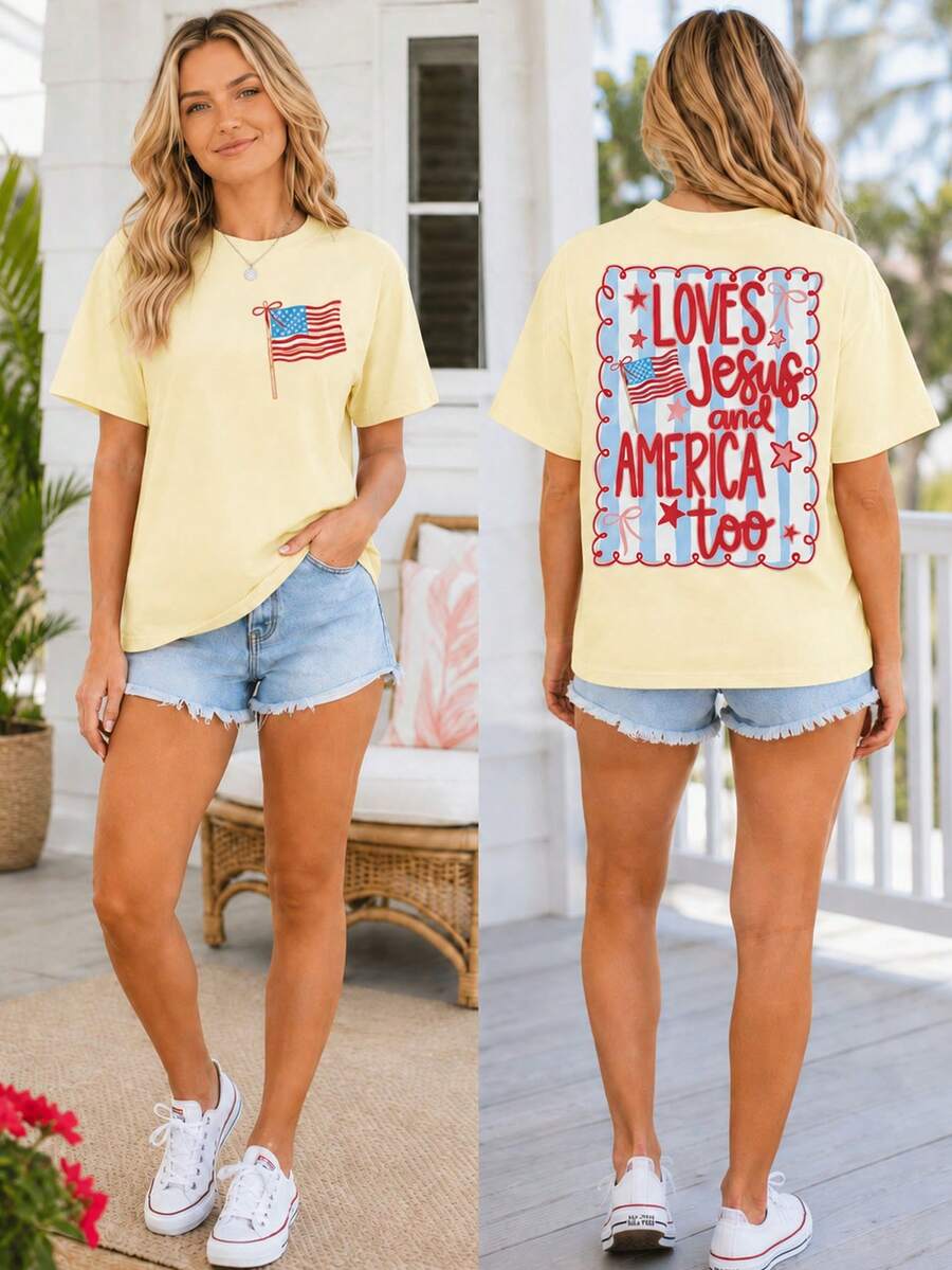 Women's Cute Casual Yellow Cotton Short Sleeve T-Shirt With American Flag & Patriotic Back Print, Perfect For Summer. - 黃色 - 查看 1