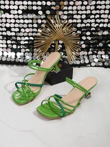 New Shiny Patent Leather Handmade Braided Thin Strap Criss-Cross Square Toe Open Toe Stiletto Heel Sandals For Women, Double Ankle Wrap Adjustable Metal Buckle Backless Kitten Heel High Heels, Summer Fresh Skin-Flattering Elegant Fairy Shoes, Beach Vacation Beach Outfit Versatile Match Dress Evening Gown Slimming Foot-Flattering Soft Sole Comfortable Non-Tiring Walking Party Gathering Atmosphere Shoes, European And American Influencer Style Light Luxury Niche Design Outdoor Wear Thin Strap High Heel Women's Sandals, Multiple Sizes Available - Green - View 2