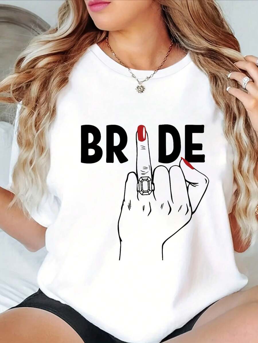 Camiseta Casual Transpirable de Poliéster para Mujer - Blanca, de Manga Corta y Cuello Redondo, con Estampado Gráfico de Novia y Diseño de Esmalte de Uñas Rojo, Corte Ligero en Línea H para - Blanco - Ver 1
