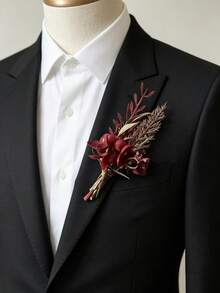 1pc/6pcs Premium Red Hydrangea Corsage With Gold Leaves, Suitable For Groom, Bride, Groomsman, Bridesmaid - Red - View 6