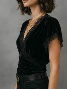 Women's Fashion V-Neck Short Sleeve Layered Velvet Lace Trim Blouse Black Summer - Black - View 6