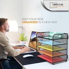 Black 5-Tier Letter Tray Paper Organizer - Metal Desktop File Holder With Handle, Stackable Document Shelf For Office & Classroom Organization - Black - View 6