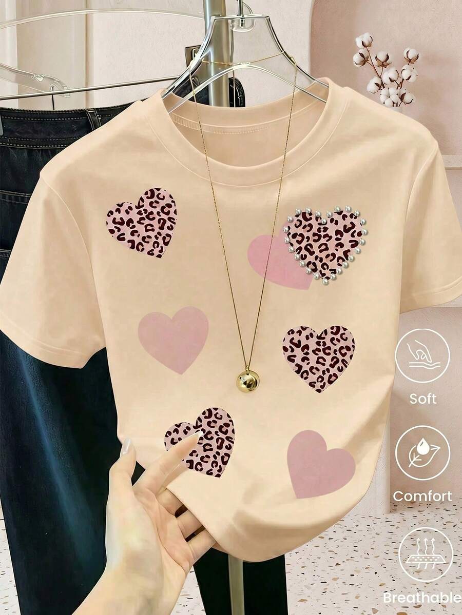 Women's Casual Black Short-Sleeved T-Shirt With Pink Leopard Print Heart Appliqués And Pearl Embellishments, Regular Fit Polyester Top With Round Neck And Lightweight - 紅色 - 查看 1