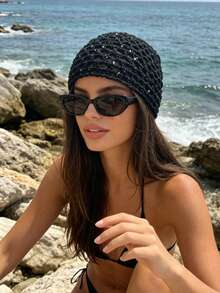 1個時尚波希米亞風小亮片鉤編鏤空針織帽，夏季海灘街頭出遊女性閃亮髮飾 - 黑色 - 查看 3