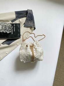 Bolso cubo mini con cordón y lentejuelas blancas en todo el Body, bolso de hombro con cadena de metal exquisita, bolso de mano de noche para fiestas de nicho - Blanco - Ver 8