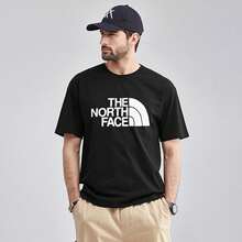 North Face Casual Cotton Short Sleeve Round Neck T-Shirt For Men, Regular Fit Streetwear Top With Slight Stretch For Daily Wear - 黑色 - 查看 1