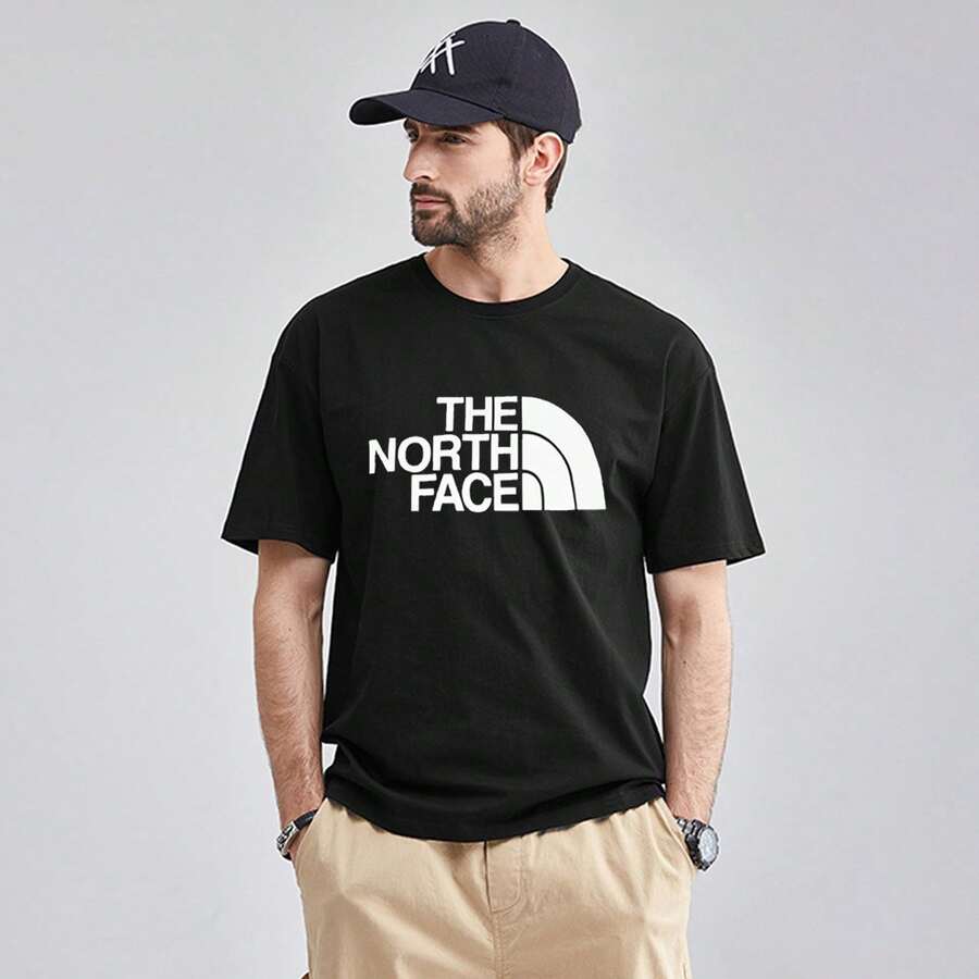 North Face Casual Cotton Short Sleeve Round Neck T-Shirt For Men, Regular Fit Streetwear Top With Slight Stretch For Daily Wear - 黑色 - 查看 1