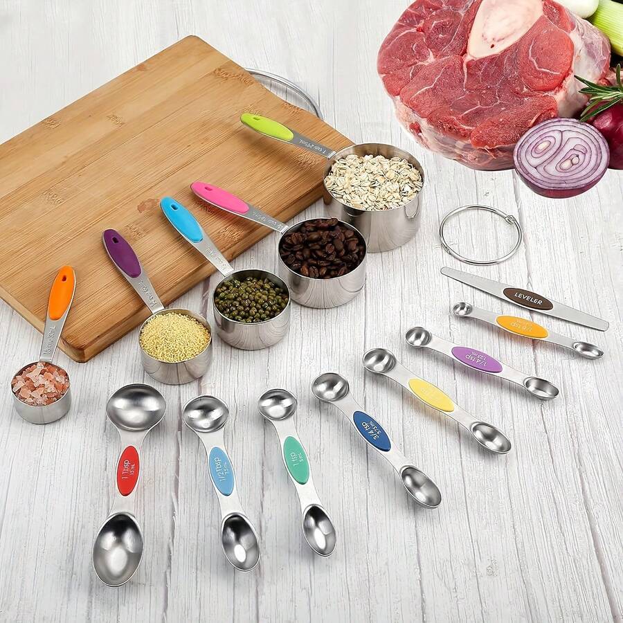 5/8/9/15pcs Magnetic Measuring Cups And Spoons Set, Heavy Duty Stainless Steel Measuring Spoons, Magnetic Double-Ended Measuring Tools, Suitable For Baking And Cooking Spice Jars, With Leveler, Suitable For Dry And Liquid Ingredients, Dishwasher - Multicolor - View 1