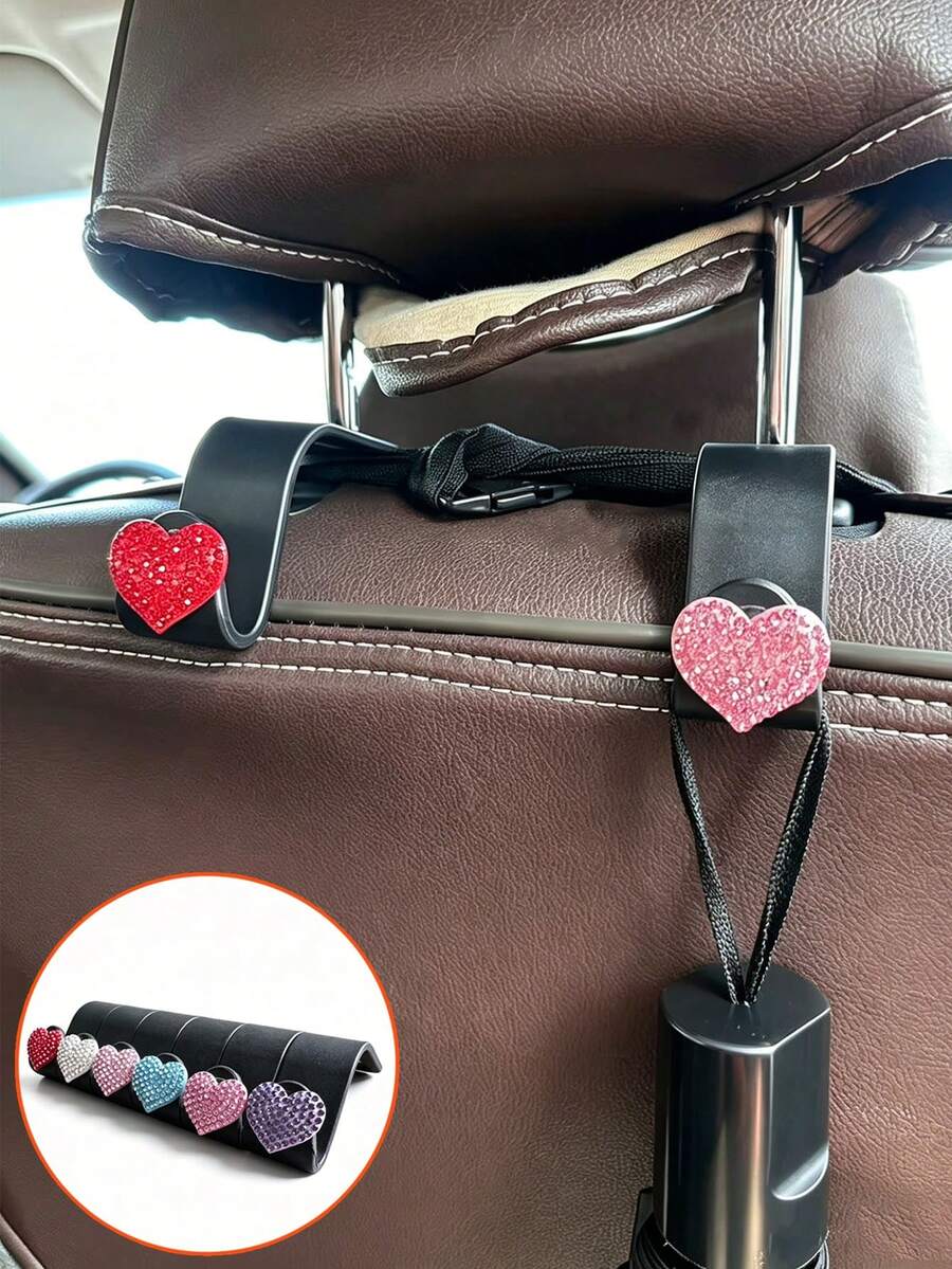 2 Stücke herzförmige Autositz-Aufhänger mit Diamantbesatz, Autositz-Aufhänger Aufbewahrungszubehör, zum Aufhängen von Geldbörsen, Jacken, Regenschirmen, Einkaufstüten, Handtaschen