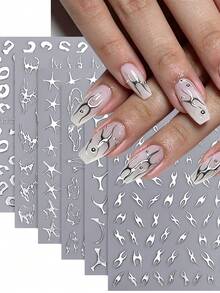6sheets 3D Metallic Abstract Silver Nail Stickers, Asymmetric Leopard, Star, Curve Line, Multi-Style Nail Decals, Mixed Multi Pattern Design Y2K Self-Adhesive Nail Art Stickers, DIY Manicure Decorations For Nail Salon & Home Nail Art - Multicolor - View 3